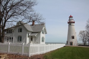 This lighthouse has a great view of the Cedar Point amusement park across the bay.