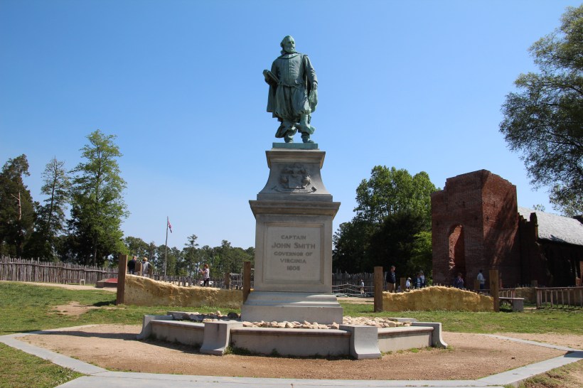 Captain Smith faces the James river at what was once the front entrance to the fort.  